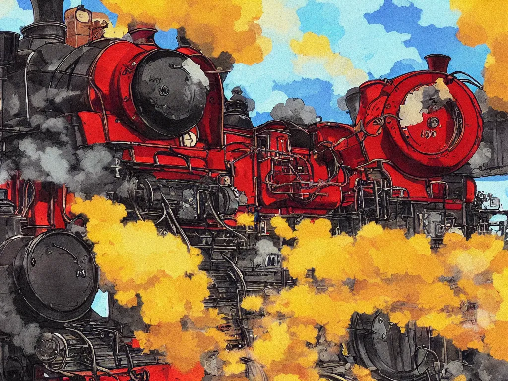 Image similar to cross - section close - up view of a steam anime train, autumn light, colorful, smoke, beautiful, by studio ghibli, digital art, concept art, sharp focus, illustration