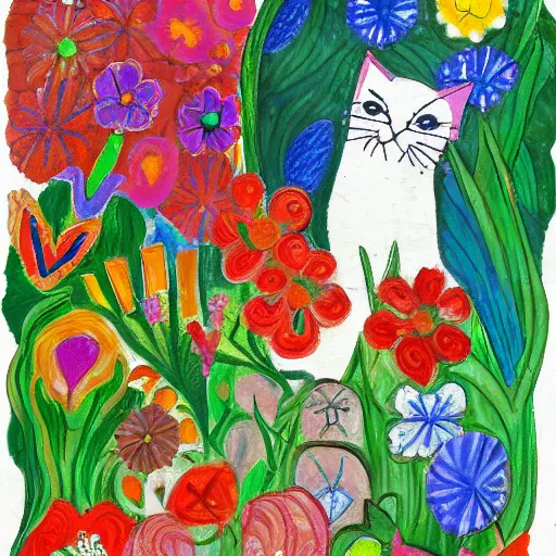 Prompt: cat playing in a garden of flowers, a mix media painting by laurel burch and Leonardo da Vinci and Natalia Goncharova, cluttered , child's drawing