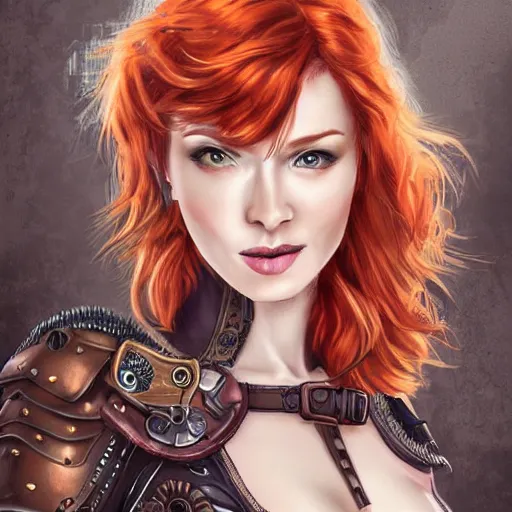 Prompt: a beautiful woman wearing steampunk armor, redhead, short hair, digital art, extremely detailed
