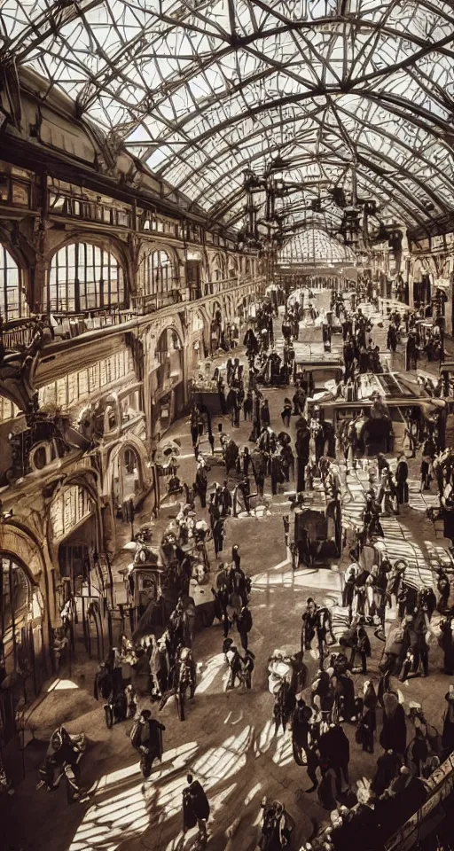 Prompt: interior of a steampunk victorian railway station, people everywhere, atmospheric, dramatic architecture