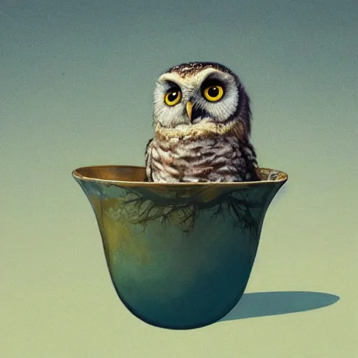 Image similar to long shot of a very cute young owl sitting in very beautiful cup, by esao andrews, by james jean, marc simonetti, by victo ngai, humorous illustration, hyperrealistic, big depth of field, fresh colors, dim light, 3 d octane render conceptart, 4 k, hyperdetailed, trending on artstation