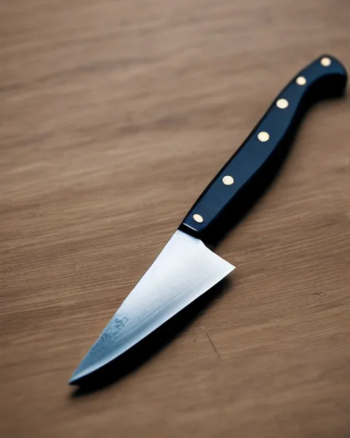 Prompt: A product photo of a knife with a black handle, highly detailed, bokeh, 90mm, f/1.4