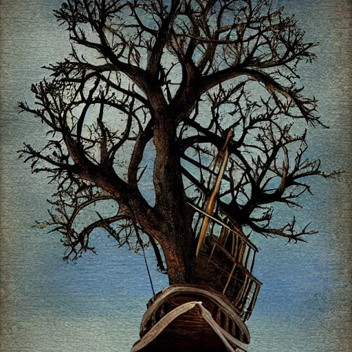 Prompt: A Wooden ship on a tree, digital art