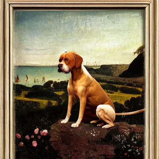 Image similar to summer hyperrealistic photorealistic land crystal boxer dog zinc burgundy baluster, by sandro botticelli and odilon redon and greg rutkowski, 8 k, storybook illustration, impressionism