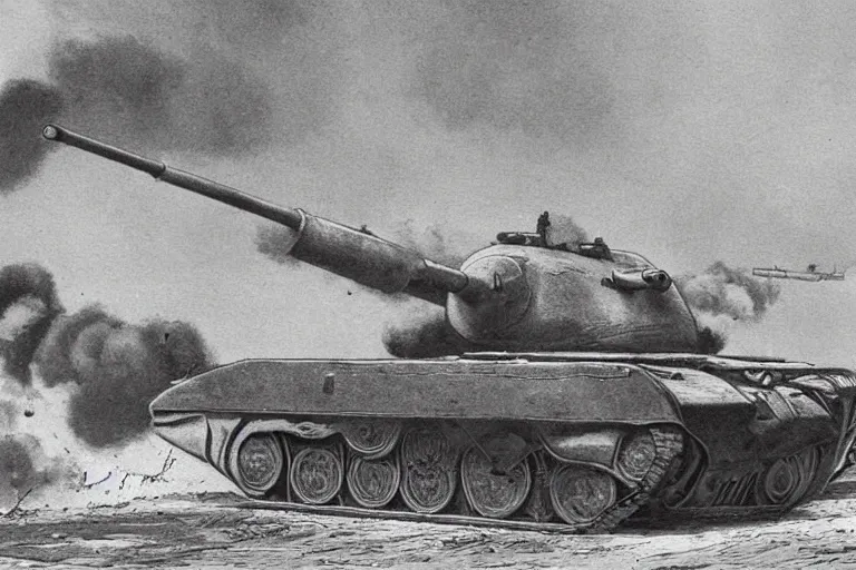 Image similar to huge british tank with naval cannon, interwar period, artist's impression, black and white line art, thundering tracks, churning up dust, explosions in background