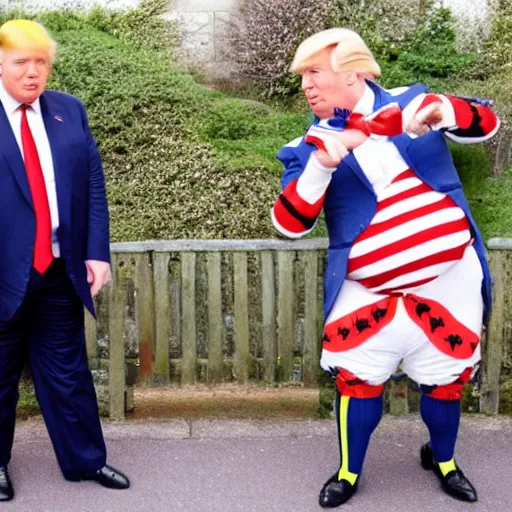 Image similar to Boris Johnson and Donald Trump as short tweedle dee and tweedle dum in an enchanted world Alice in wonderland