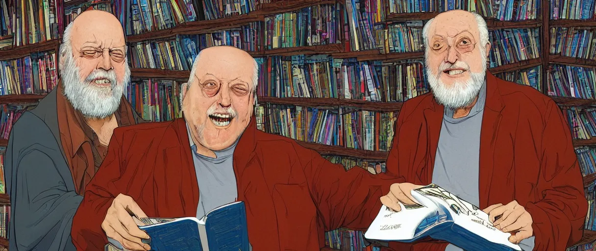 Image similar to an awesome jean giraud digital painting of robert anton wilson telling jokes at a local bookstore in the new age section