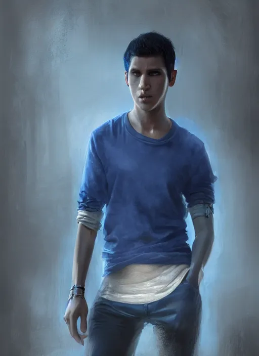 Image similar to young peruvian man with short black hair, male, dressed in blue, looking down, half body shot, arms down, path traced, highly detailed, high quality, digital painting, bastien lecouffe - deharme