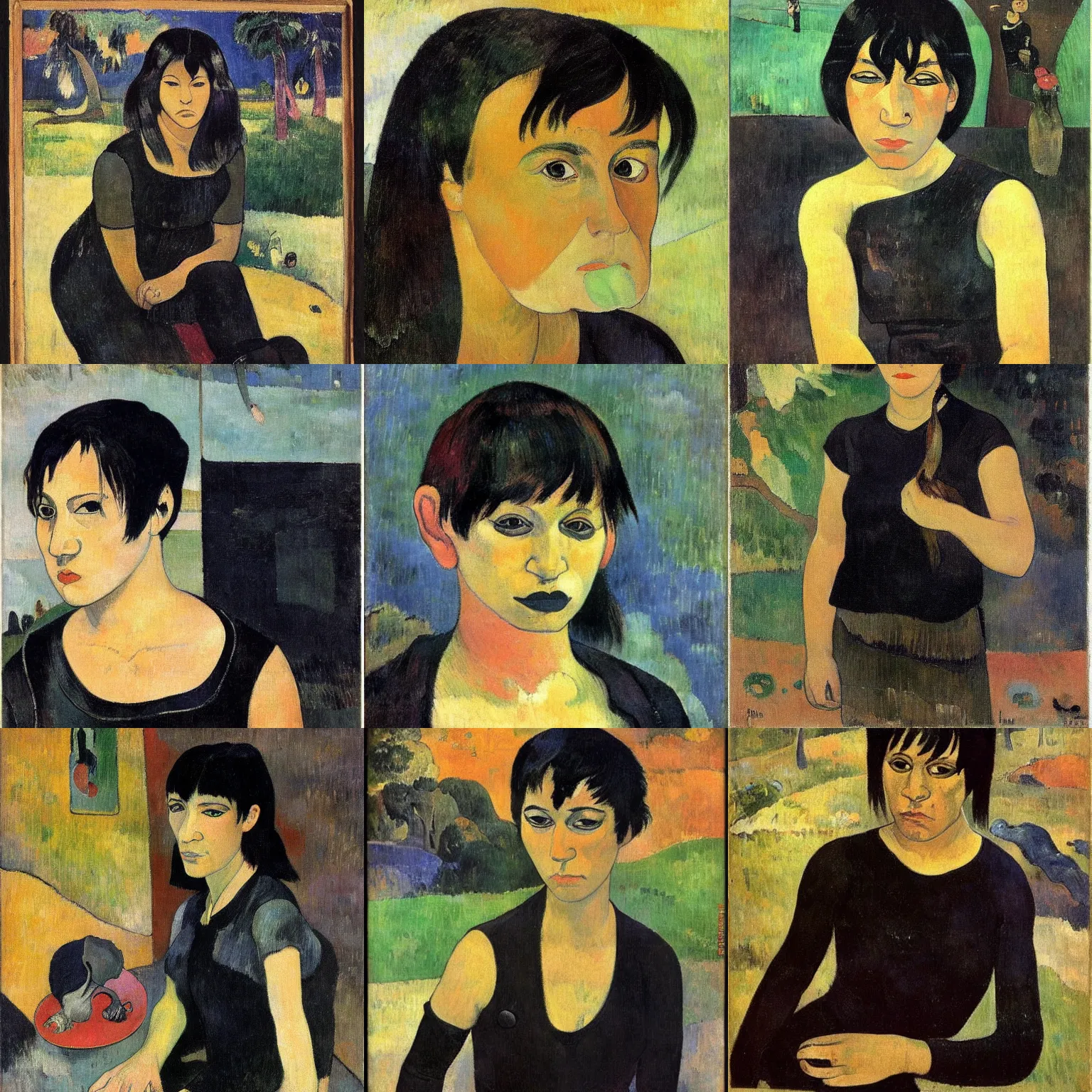 Prompt: an emo by paul gauguin. her hair is dark brown and cut into a short, messy pixie cut. she has large entirely - black evil eyes. she is wearing a black tank top, a black leather jacket, a black knee - length skirt, a black choker, and black leather boots.