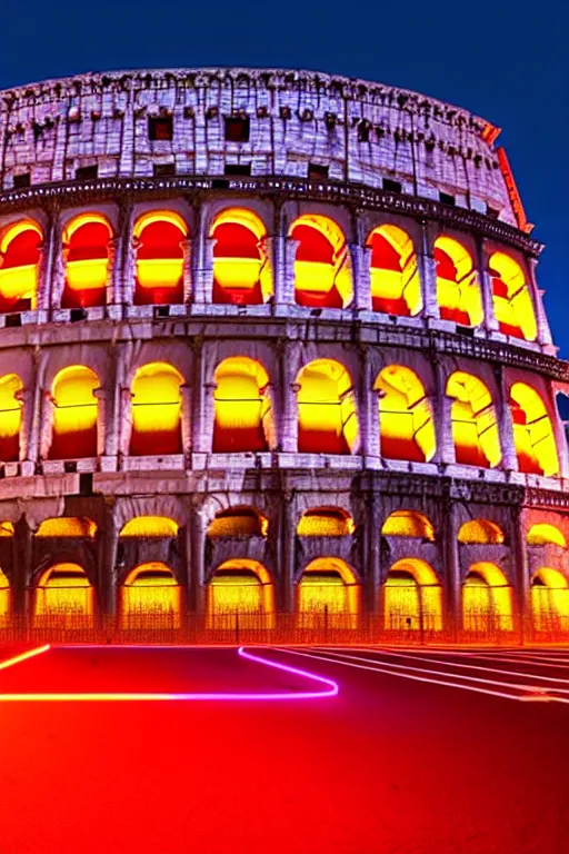 Image similar to neon streets of rome colosseum, 4 k, award winning photo