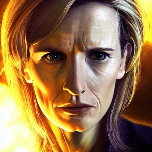 Prompt: the 13th doctor regenerating, yellow light, angry pose, comic book, illustration, slender symmetrical face and body, artstation, cinematic lighting, hyperdetailed, cgsociety, 8k, high resolution, Charlie Bowater, Tom Bagshaw, single face, insanely detailed and intricate, beautiful, vfx, postprocessing