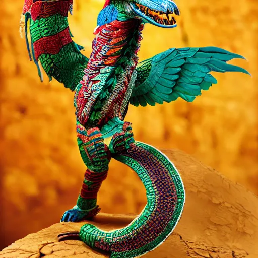 Prompt: Diorama of Aztec god Quetzalcoatl, intricate detail, macro 50 mm