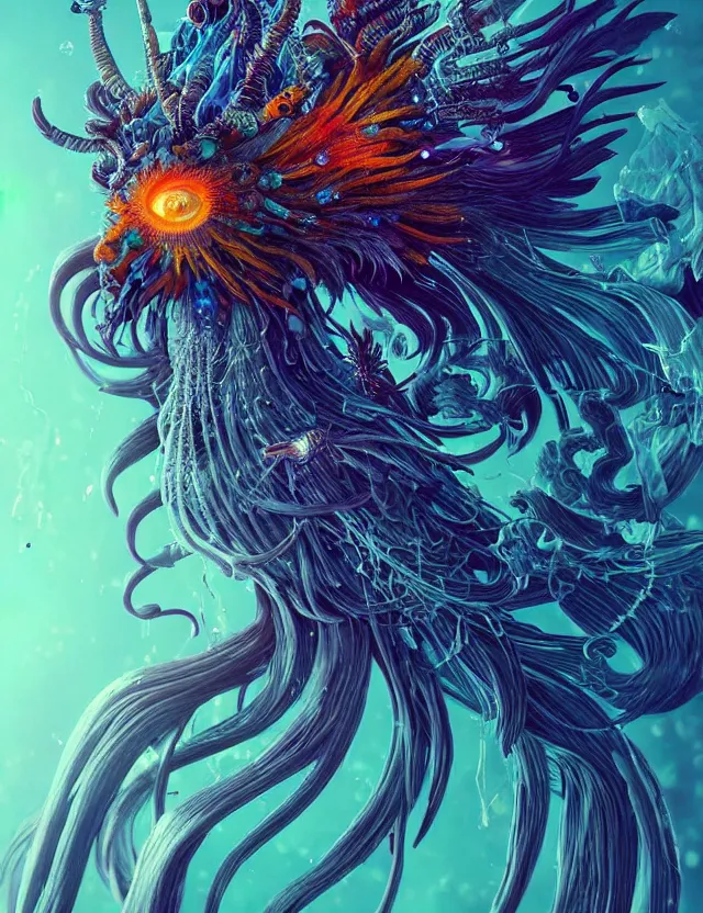 Image similar to witch phoenix macro close - up portrait with crown made of ram skull. phoenix, betta fish, jellyfish, plasma, ice, water, wind, creature, super intricate ornaments artwork by tooth wu and wlop and beeple and greg rutkowski