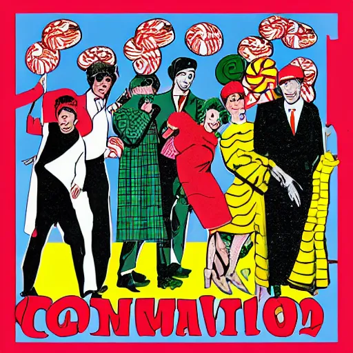 Prompt: a communist revolution in Candy Land, 1960s illustration, high quality, collage in the style of Klaus Voormann, album cover