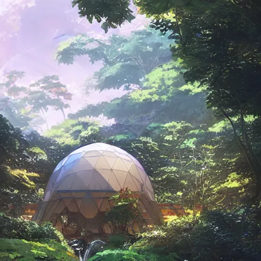 Image similar to geodesic dome with gardens and waterfall, gapmoe kuudere moody lighting stunning bokeh highlights sharp contrast | trending pixiv fanbox | by greg rutkowski makoto shinkai takashi takeuchi studio ghibli