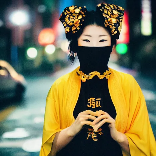 Image similar to japanese female black balaclava mask with golden necklace and open kimono, photo portrait, beautiful female model, tokyosky, female sitting on skyscreapper, rain, city neon light, bokeh, long exposure, kodak promax 4 0 0, sony lens, golden fractals and dmt