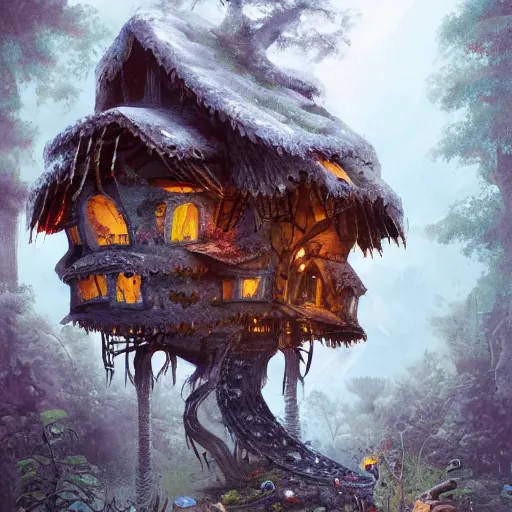 Image similar to a storybook illustration of a ramshackle multistory fairytale hut in the forest, intricate, elegant, atop chicken legs, in forest, fantasy, highly detailed, digital painting, concept art, sharp focus, trending on artstation