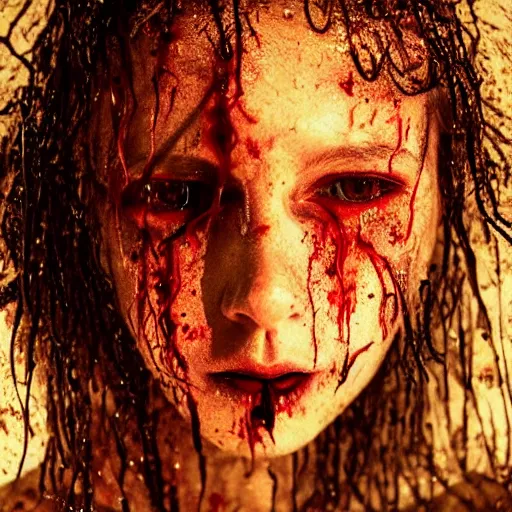 Prompt: a close up of a terrified woman with wet hair, bleeding, a photo by l. a. ring, featured on cgsociety, shock art, horror film, creepypasta, xbox 3 6 0 graphics