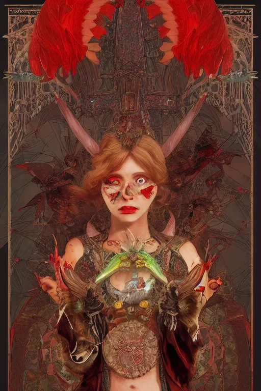 Image similar to zoom in 3 d render of demon with red face in church holding birds, ornaments, mucha vibe, dieselpunk, solarpunk, artstation, andrei riabovitchev