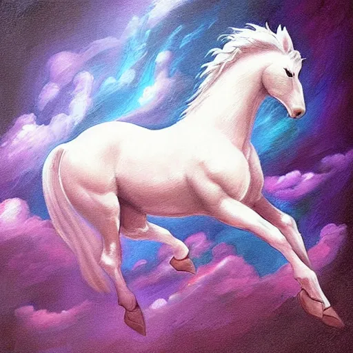 Image similar to “a beautiful painting of cm punk riding a white Pegasus through the clouds, trending on artstation, fantasy art, pastel colours”