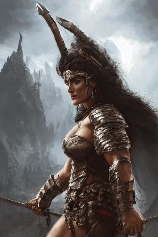 Prompt: portrait, Salma Hayek , barbarian , dressed in steel armor, face portrait, raphael lacoste, eddie mendoza, alex ross, concept art, matte painting, highly detailed, rule of thirds, dynamic lighting, cinematic, detailed, denoised, centred