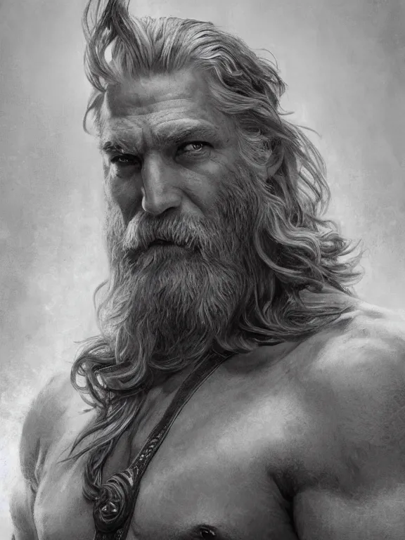 Image similar to ainted portrait of rugged odin, god of war, norse god, white hair, masculine, mature, handsome, upper body, grey and silver, muscular, hairy torso, fantasy, intricate, muscular, elegant, highly detailed, digital painting, artstation, concept art, smooth, sharp focus, illustration, art by gaston bussiere and alphonse mucha