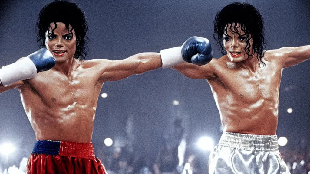 Image similar to film still of michael jackson as rocky balboa in rocky, cinematic-shot, 4k