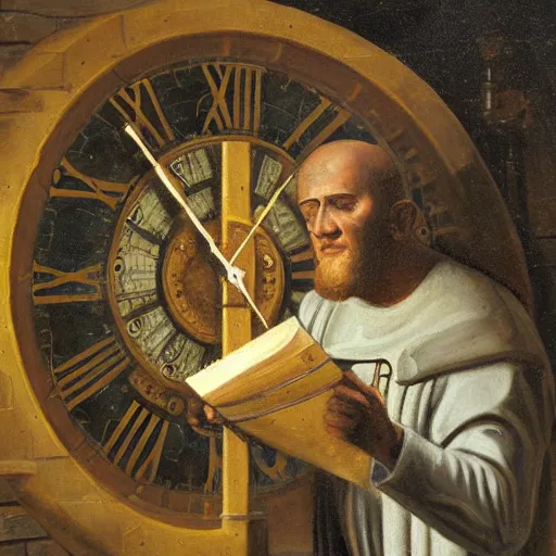 Image similar to medieval monk maintaining an extremely complex mechanical clock, oil painting, warm lighting