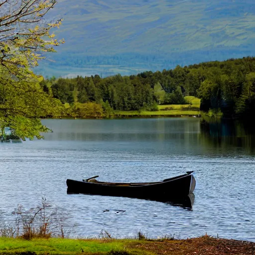Prompt: a cinematic shot of an old blue rowing boat at the side of a still loch with the reflection of the trees and high forested scottish mountains visible reflecting in the water and a large house barely visible in the distance on the opposite side of the water through a gap in the trees