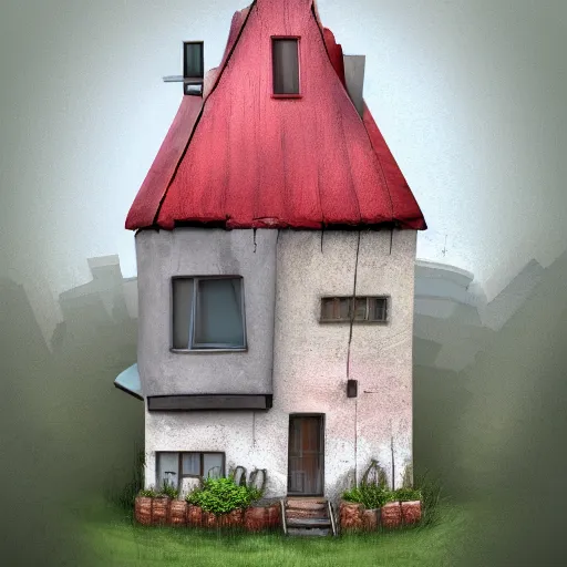 Image similar to quaint colourful nail house wedged between a two tall Gray concrete buildings, whimsical, artstation