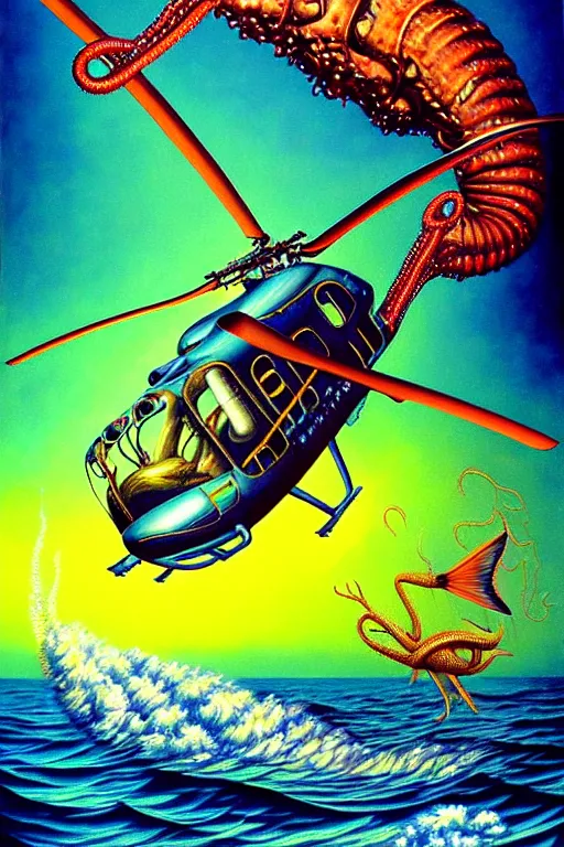 Image similar to a hyperrealistic painting of a helicopter being dragged into the water be sea creature, cinematic horror by chris cunningham, lisa frank, richard corben, highly detailed, vivid color,