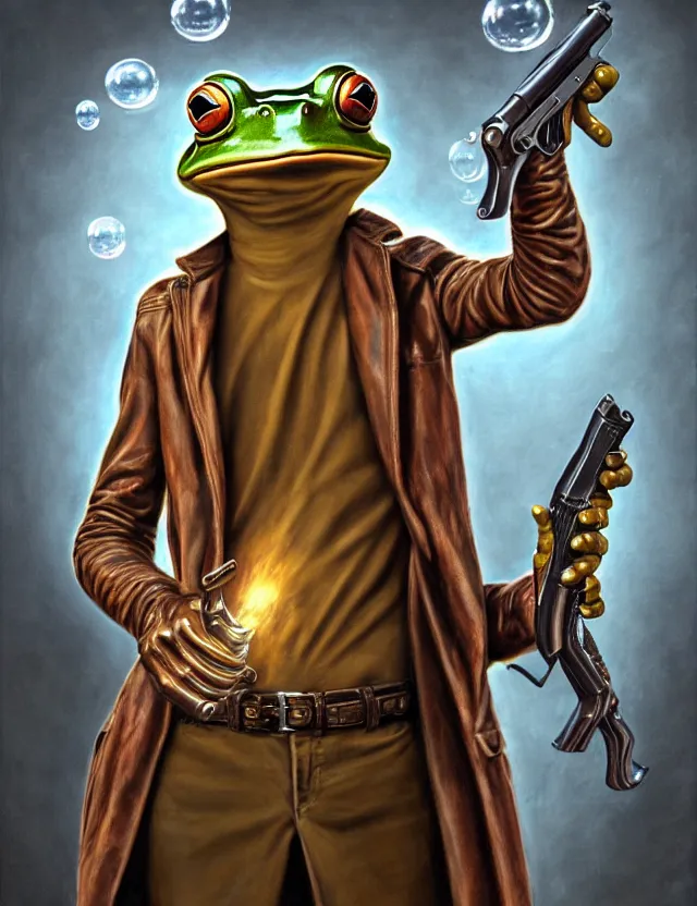 Image similar to anthropomorphic bipedal frog that is wearing a brown leather trenchcoat, and dual wielding revolver pistols, as a matte oil painting and d & d character art, by alex grey, standing, fullbody, floating bubbles, enlightenment, mystic, concept art, award - winning, extremely detailed, sharp focus