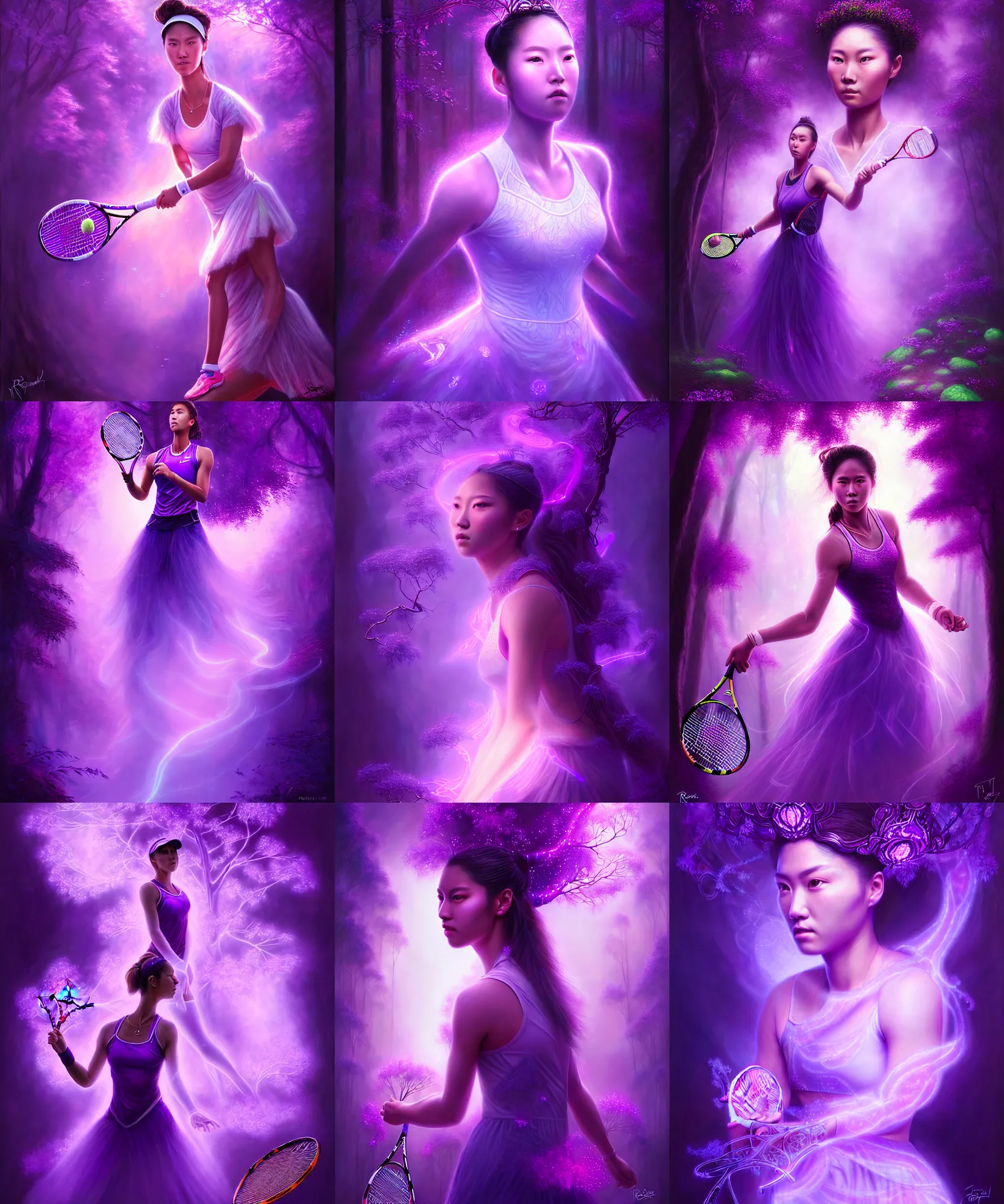 Prompt: ultra detailed, magical realism, portrait painting of the [ beautiful empress as female tennis player ] within the enchanted purple forest, glowing purple, volumetric lighting, illusion, intricate details, by ross tran.