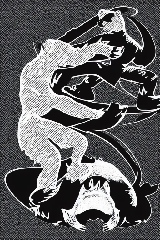 Image similar to a vector based illustration about a ninja fighting a polar bear in the style of die cut sticker, negative space is mandatory, no gradients, black ink on white background, smooth curves, vector spline curve style