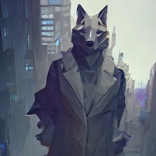 Image similar to Playstation 1 PS1 low poly low poly graphics portrait of furry anthro anthropomorphic wolf head animal person fursona wearing clothes in a futuristic cyberpunk foggy city alleway Greg Rutkowski, Simon Stalenhag, christopher nolan trending on Artstation, CGSociety