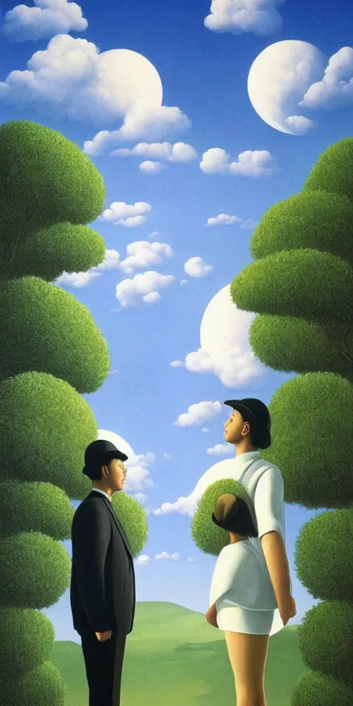 Prompt: symmetry!! they looked at each other, surreal landscape, serene, peace, very detailed, perfect composition, perfect lighting, 4 k, rene magritte, tim white, artgerm