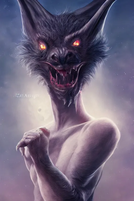 Prompt: man - bat creature, moonlit night, fantasy, wide angle, 8 k, high definition, insanely detailed, intricate, elegant, professionally retouched, soft lighting, art by artgerm and wlop