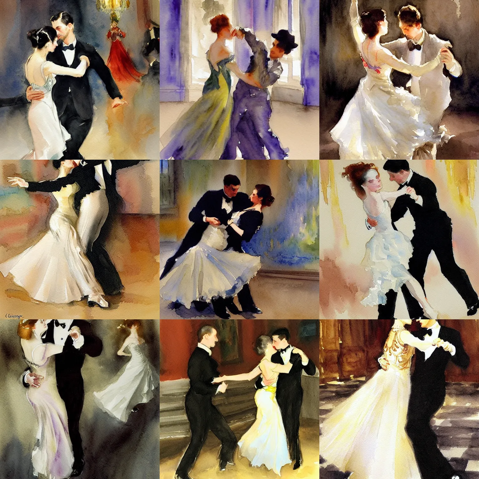 Prompt: ballroom dance, intricate watercolor painting by john singer sargent