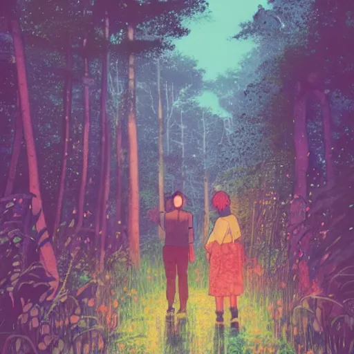 Prompt: a family walking in a beautiful luminous forest at night with fireflies, beautiful lighting, risograph, by ghibli, ross tran, hiroshi yoshida, klimt