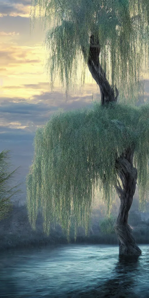 Image similar to featured on artstation majestic willow tree overlooking swirling river at sunset, beautiful image stylized digital art