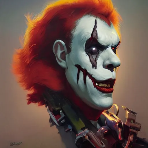 Image similar to 4k headshot portrait of Spawn clown from Macfarlane comics by Craig Mullins, ilya kuvshinov, krenz cushart, epic , artgerm trending on artstation by Edward Hopper and Dan Mumford and WLOP and Rutkovsky, beksinski carl spitzweg moebius and tuomas kocar, intricate artwork by caravaggio, Unreal Engine 5, Lumen, Nanite , 4K headshot of godlike clown with defined arms and open hands and bloody clothes with giant mandala wings , intricate face , flawless anime cel animation by Kentaro Miura, psychedelic , highly detailed upper body , professionally post-processed , beautiful, scary, symmetry accurate features, epic, octane rendered, anime masterpiece, accurate