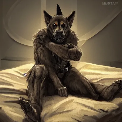 Image similar to a humanoid german shepherd beast - man in military style, sitting on the carpeted floor beside a bed, highly detailed portrait, digital painting, artstation, concept art, smooth, sharp foccus ilustration, artstation