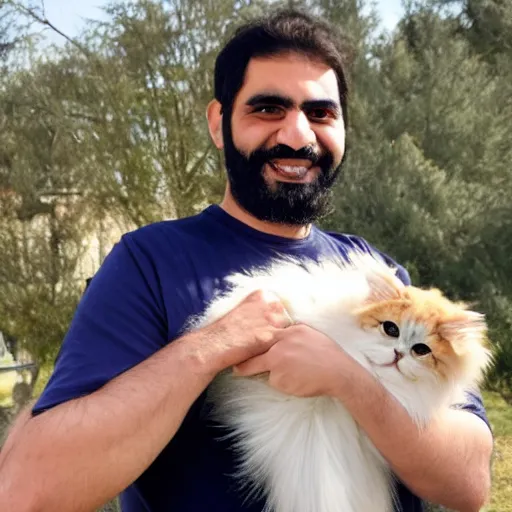 Image similar to a half persian man holding a dog