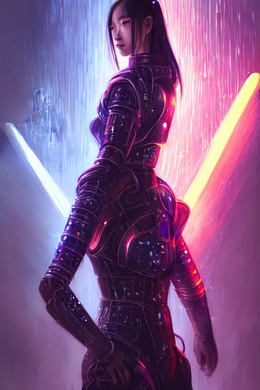 Prompt: portrait futuristic wuxia armor heroine Girl with thunder and fire sparkles and starlight, sword dance in future cyberpunk tokyo heavy rainning rooftop , ssci-fi, fantasy, intricate, very very beautiful, elegant, human structure, neon light, highly detailed, digital painting, artstation, concept art, smooth, sharp focus, illustration, art by tian zi and WLOP and alphonse mucha