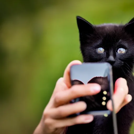 Image similar to a photo of a black kitten in the countryside taking selfies, hyperrealism, bokeh, ultrafine detail, photo taken with nikon d 7 5 0