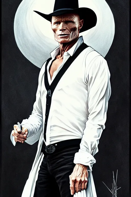 Image similar to ed harris as the man in black, westworld, wearing an all white outfit in the style of art by artgerm and greg rutkowski and alphonse mucha