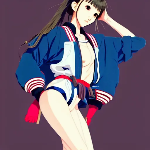 Image similar to a beautiful japanese natalie portman gravure model, wearing oversized native designer bomber jacket and leotard with overalls, bulky poofy bomber jacket with mesoamerican patterns, mesoamerican native street fashion, gapmoe yandere grimdark, trending on pixiv fanbox, painted by greg rutkowski makoto shinkai takashi takeuchi studio ghibli, akihiko yoshida