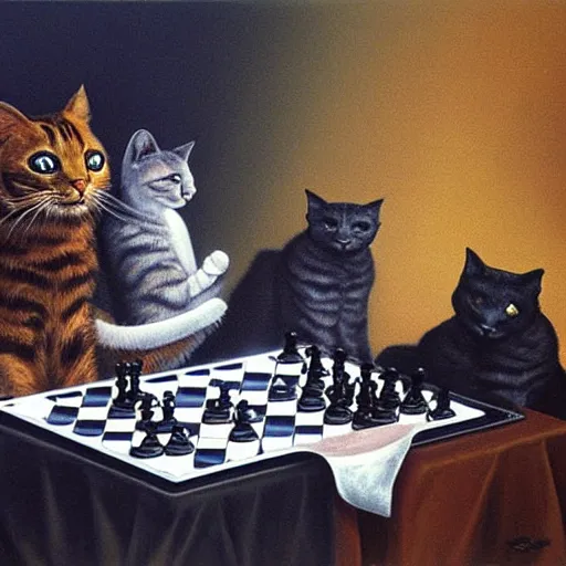 Prompt: cats playing chess, surreal oil painting