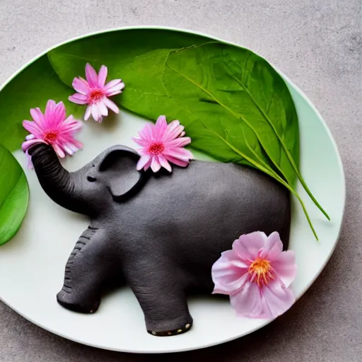 Image similar to a flat elefant on a plate with flowers on top