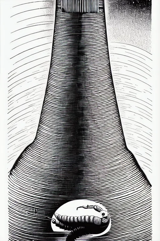 Image similar to an erlenmeyer flask with a caterpillar inside, bold line art, by vincent di fate and joe fenton, inking, etching, screen print, masterpiece, trending on artstation, sharp, high contrast, hyper - detailed, hd, 4 k, 8 k